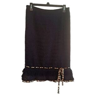 Anthea Crawford Black Woven Textured Pencil Skirt Leopard Print Trim Size 12